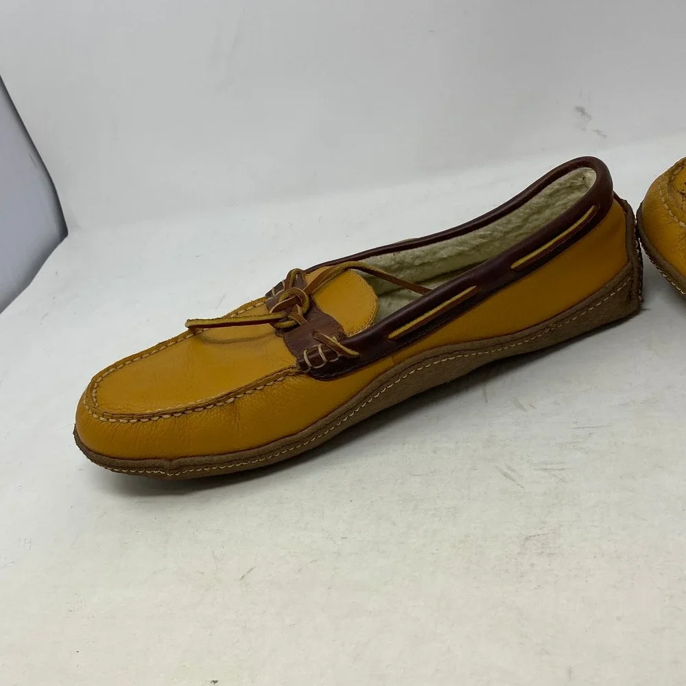 LL Bean Mens Wicked Good Slippers 12 Medium Yellow Leather Shearling Moccasin